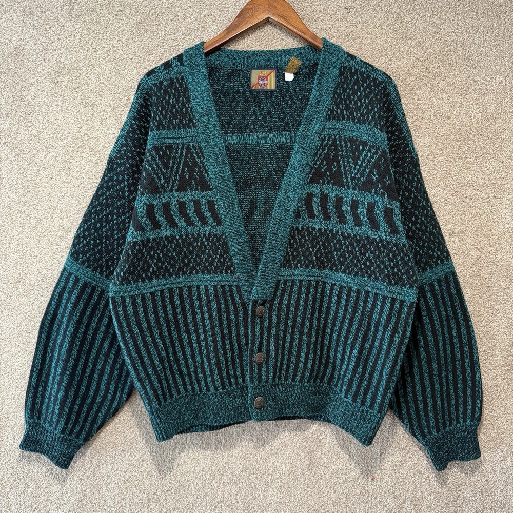 VTG 80s Saturdays Knit Cardigan XL Teal Black Aztec Grandpacore Carlton Cotton